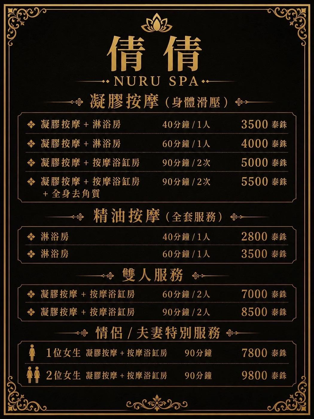 倩倩 Nuru Spa 中文價目表