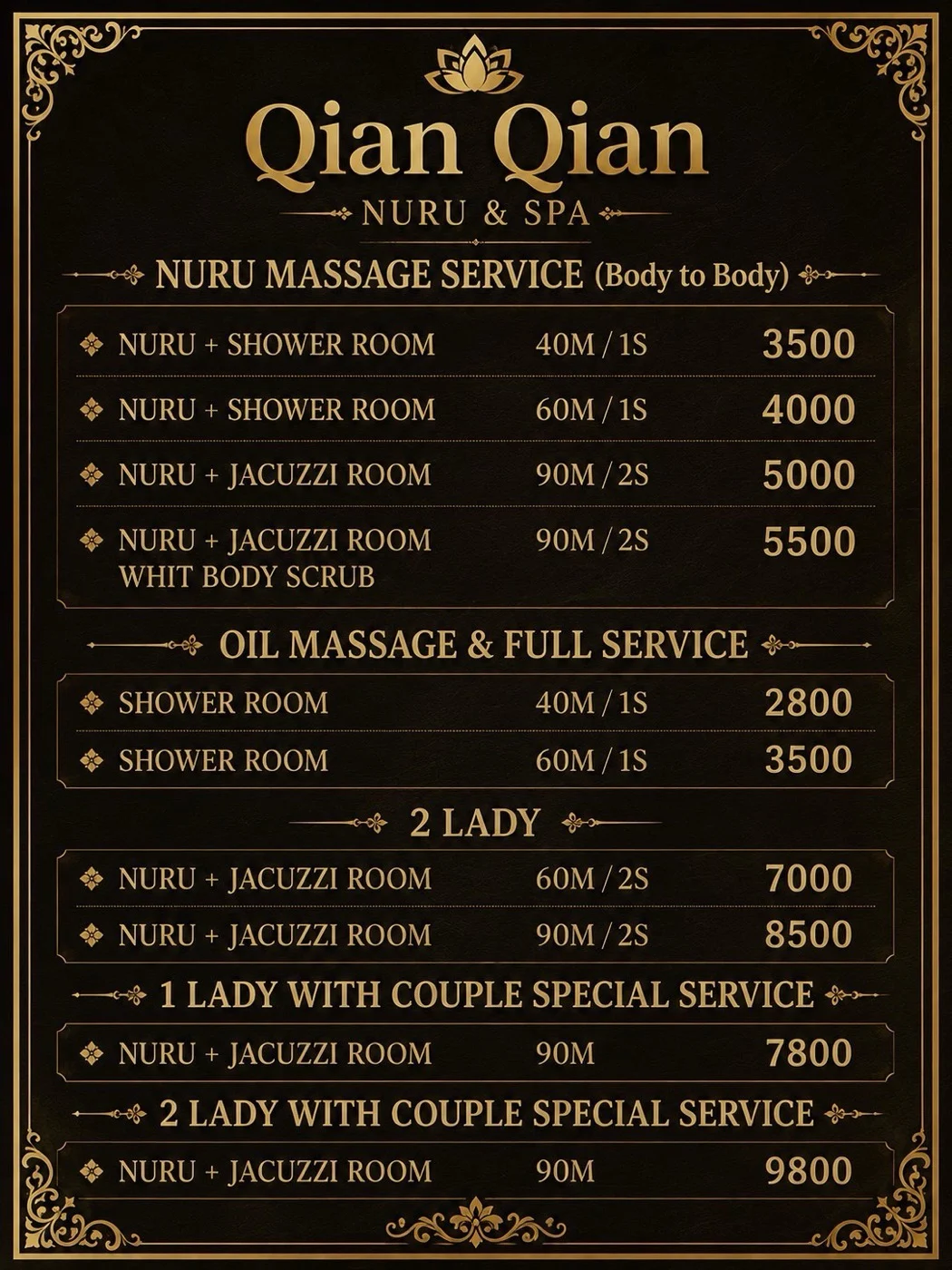 Qian Qian Nuru Spa price menu in English